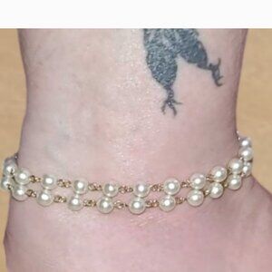 HANDMADE Double Strand White Faux Pearl 10" Ankle Bracelet Golden Wire & Clasp